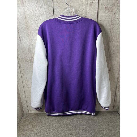 Varsity Jacket Purple White XL Snap Buttons Striped Collar Lightweight Pockets - Picture 2 of 5